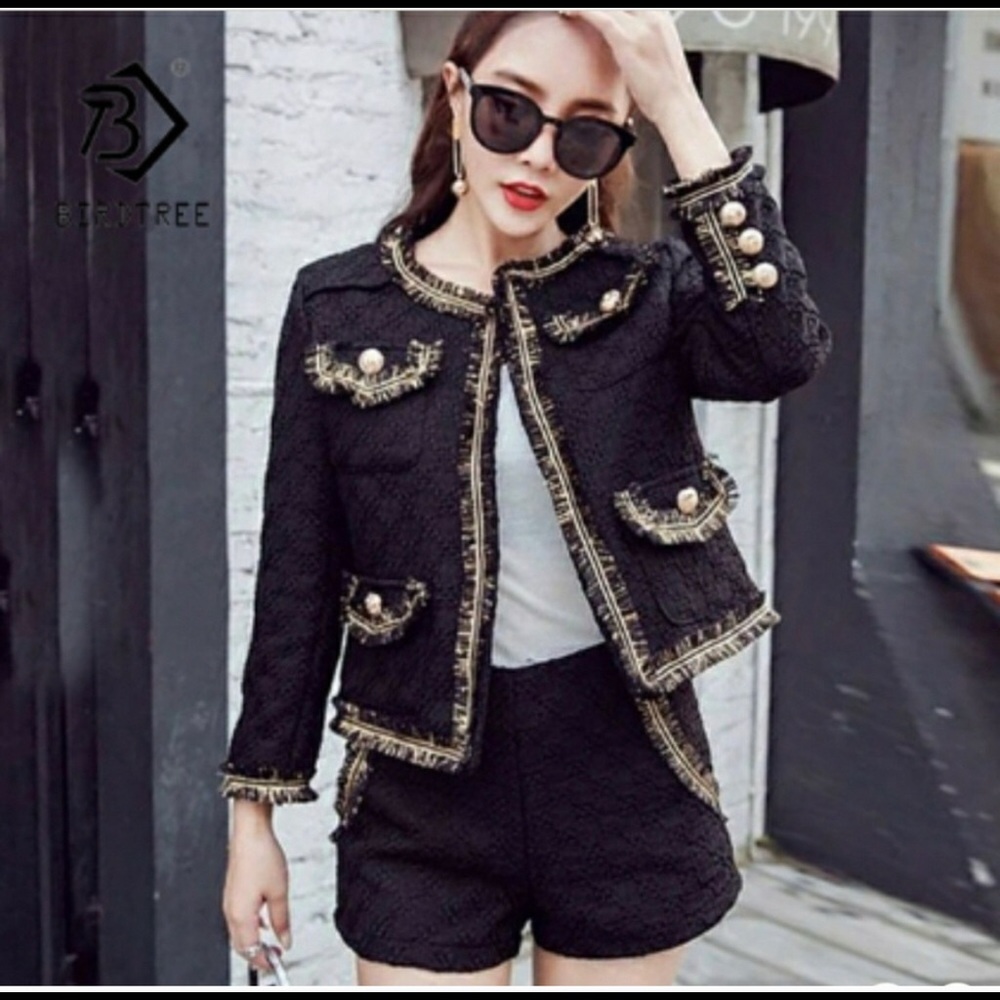 Suit - Black and gold tweed blazer and shorts